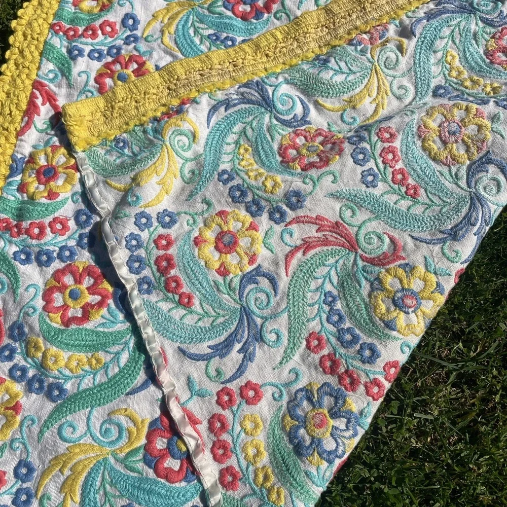 Vintage Embroidered Paisley Table Topper Tapestry Runner Eclectic Colorful 24x30